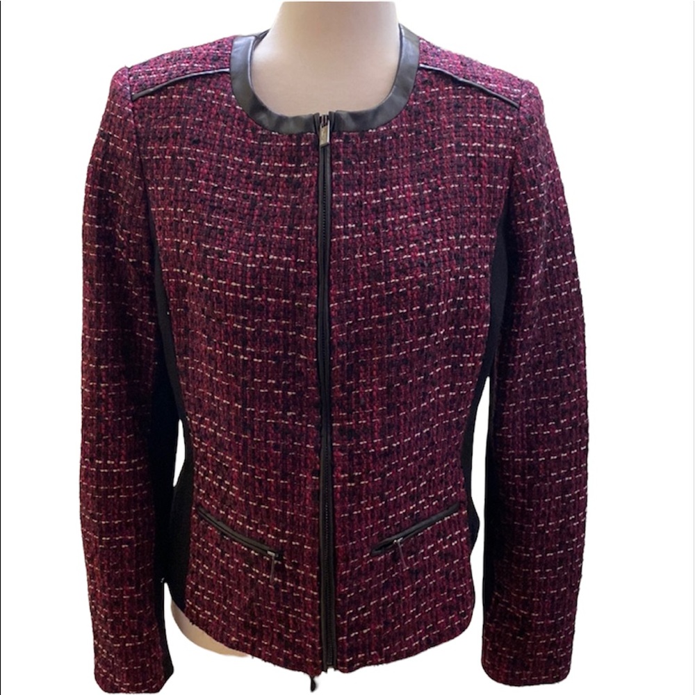NWT Karl Lagerfeld Paris tweed leather trim zipper short classic jacket